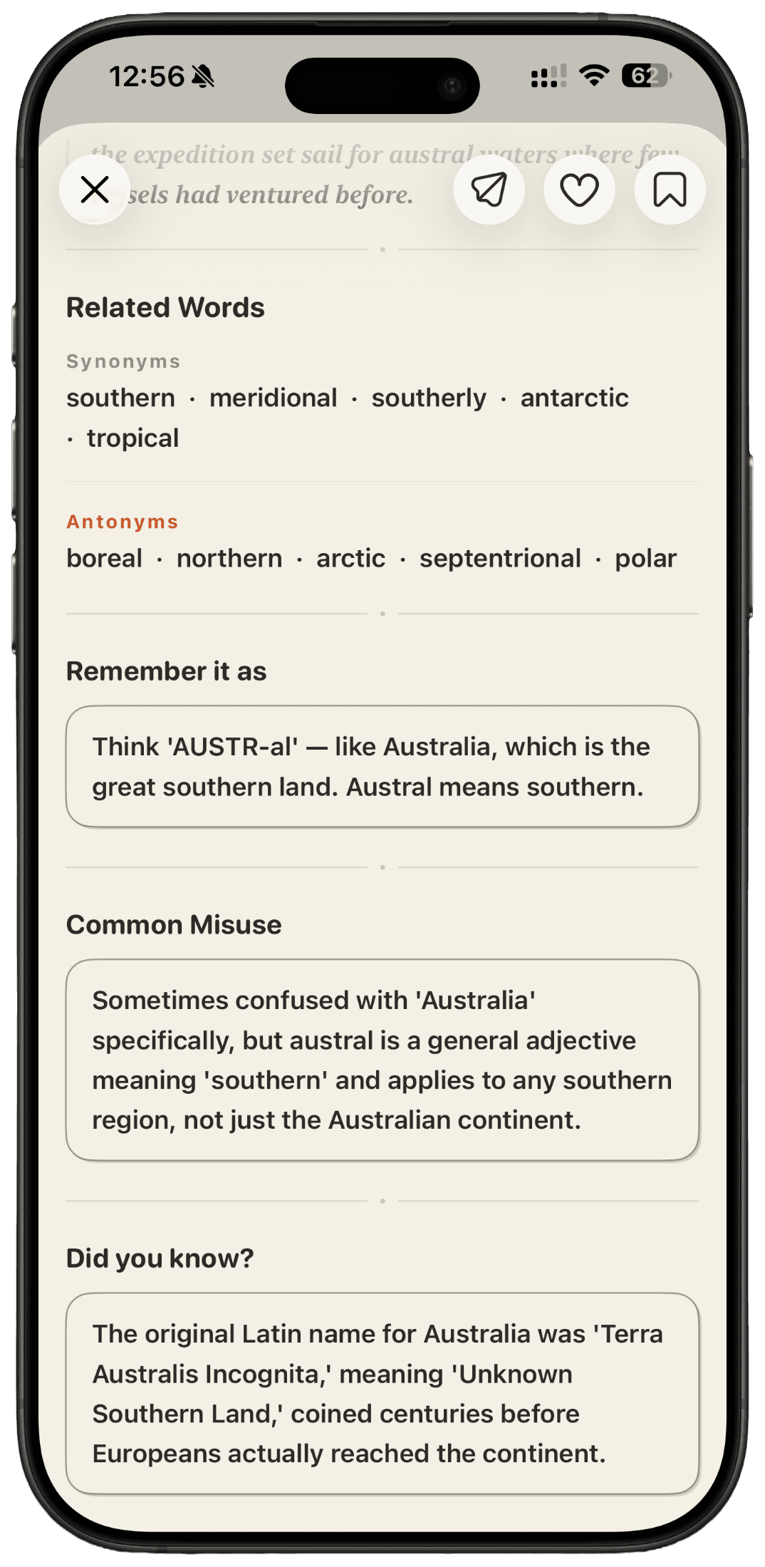 Word detail — synonyms, antonyms, mnemonics, common misuse, and trivia