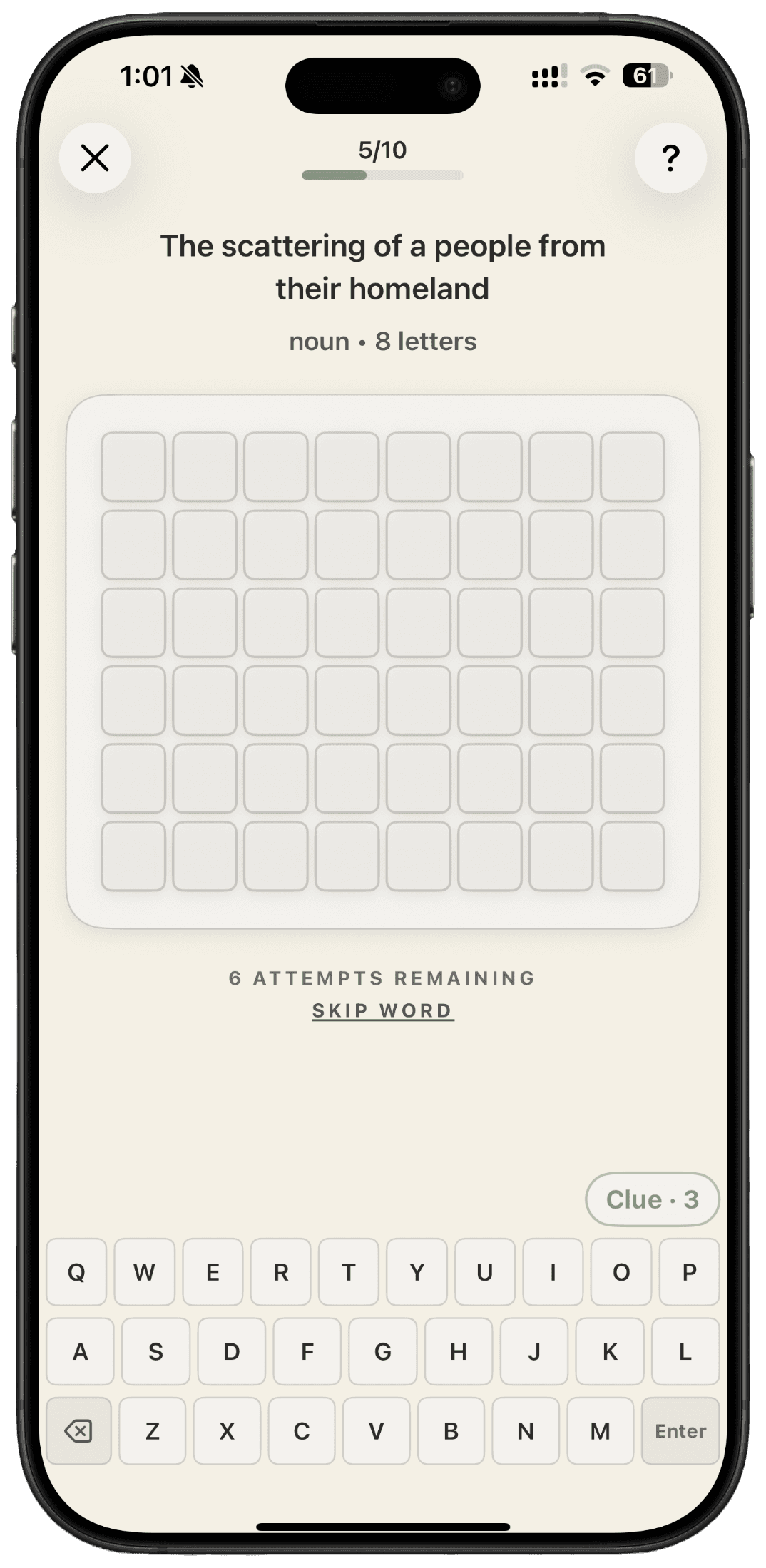 The Cypher — guess the word from a clue, letter by letter