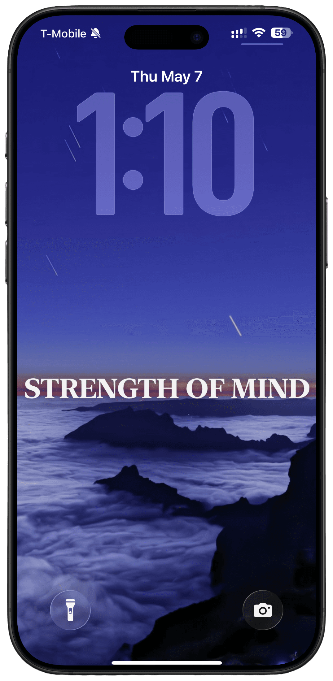 Lock-screen wallpaper — Strength of Mind over a sunrise above the clouds