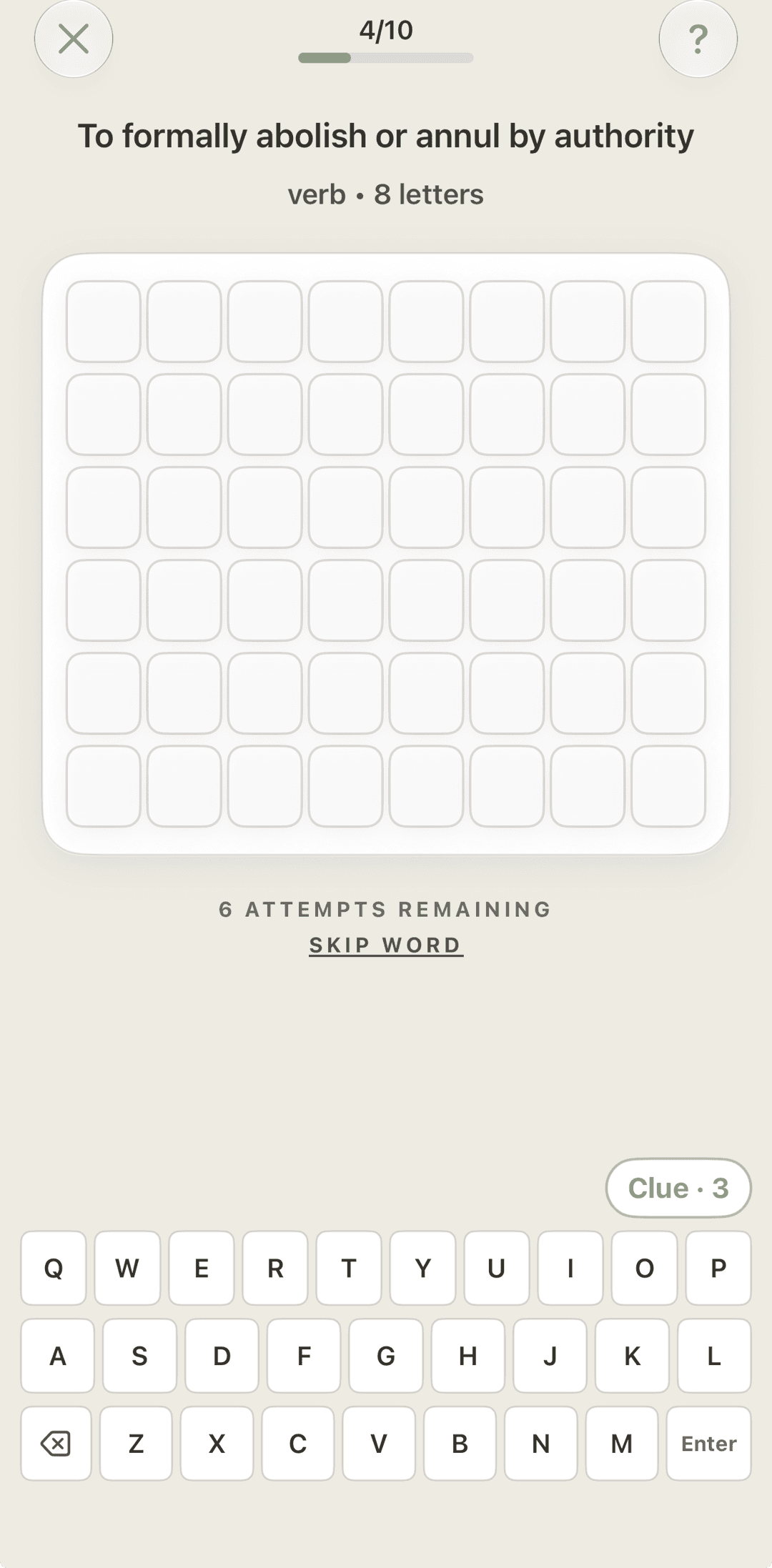 Word game — guess the word from its definition, letter by letter with clues