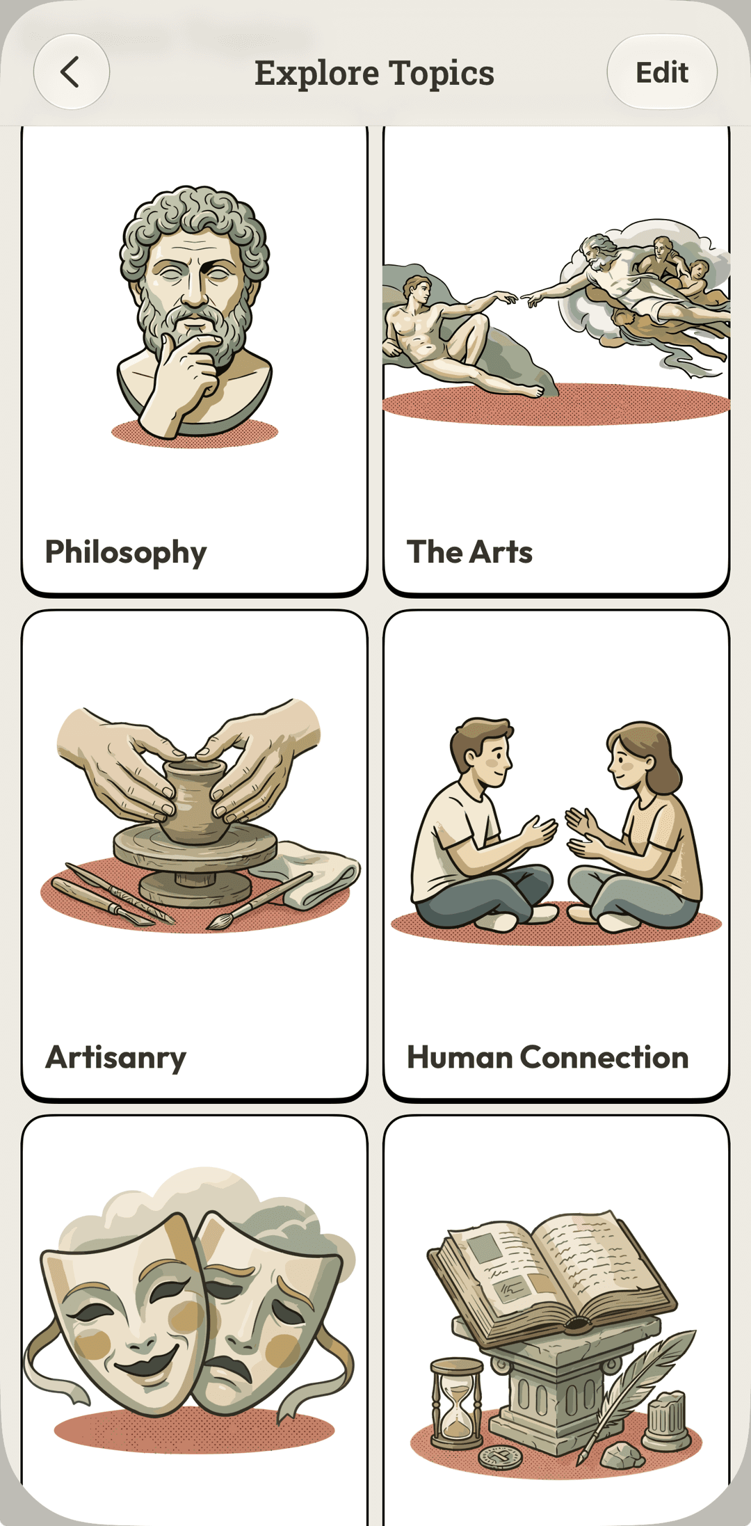 Explore Topics — illustrated categories like Philosophy, The Arts, Artisanry, and Human Connection