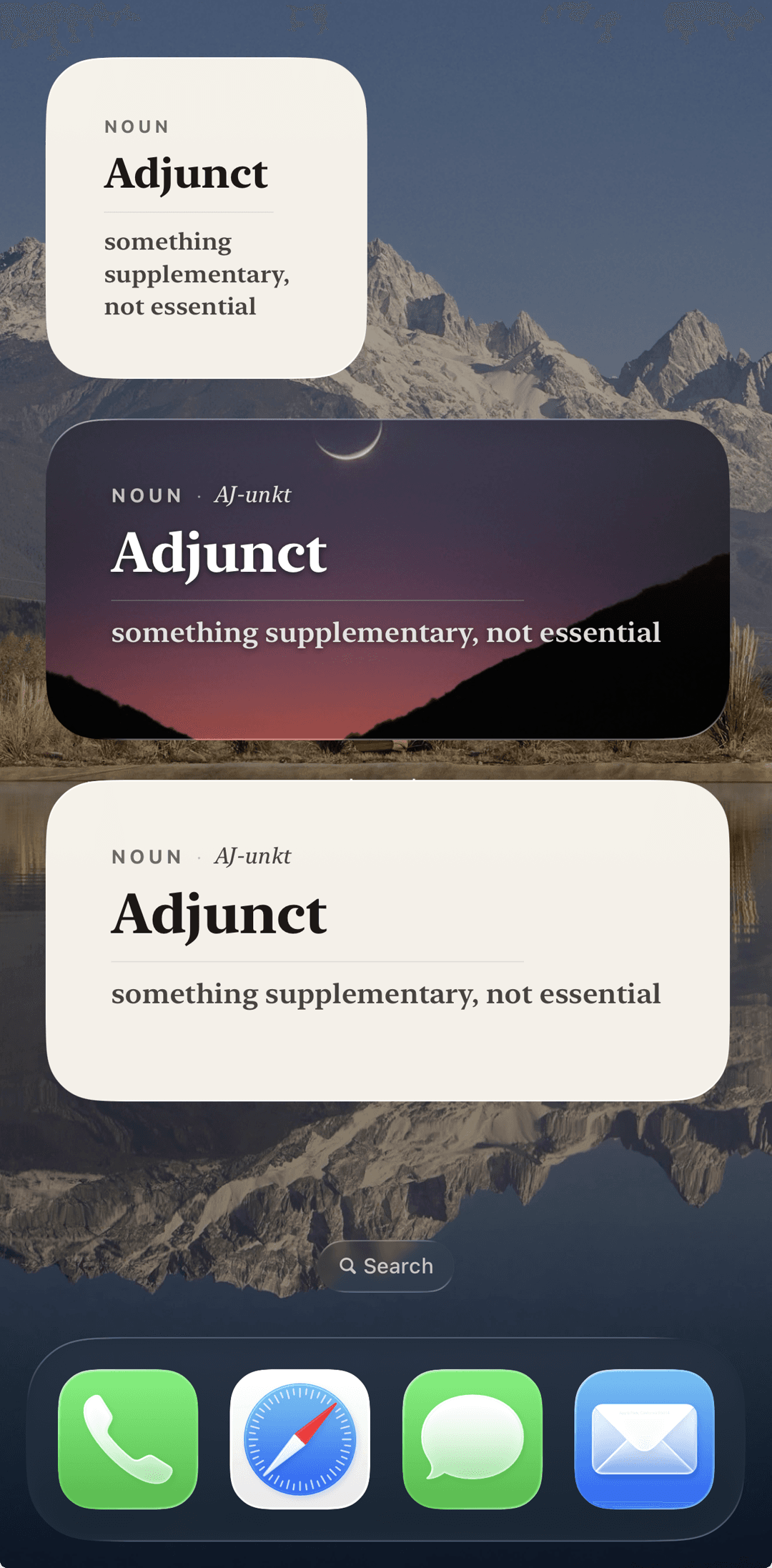 Home-screen widgets in three sizes showing the word Adjunct